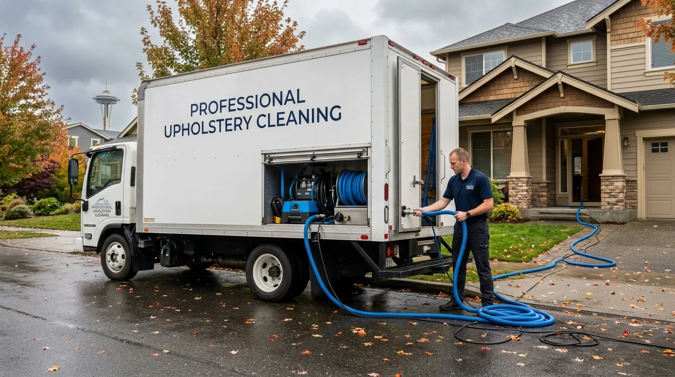 Upholstery cleaning technician inspecting fabric sofa before cleaning in Seattle — professional assessment before quoting