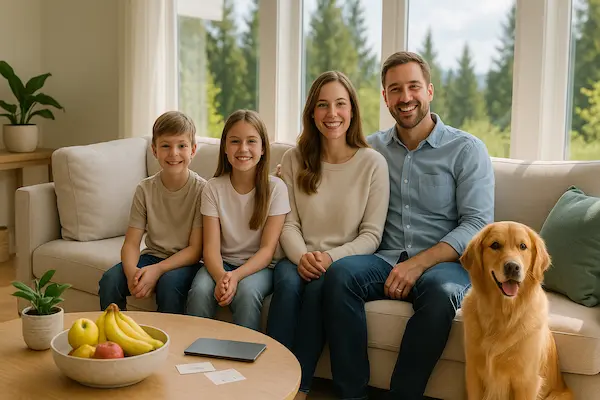 Family enjoying allergy relief with professionally cleaned couch