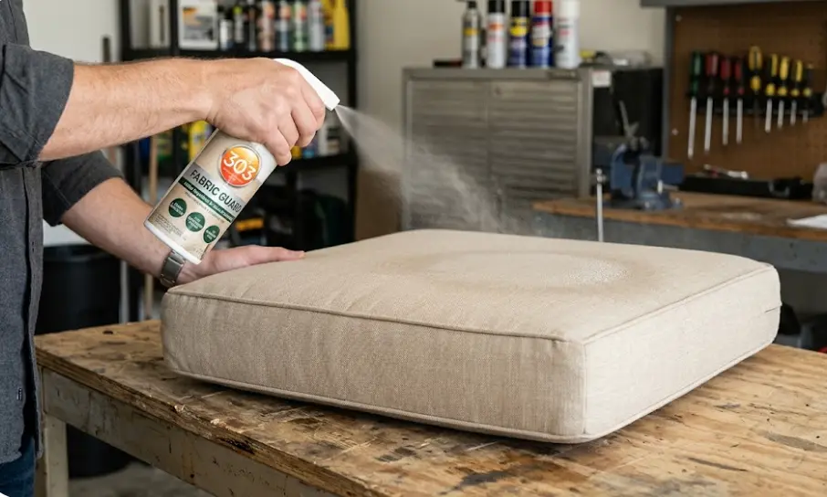 Applying 303 Fabric Guard spray to outdoor patio cushions in even light passes after cleaning