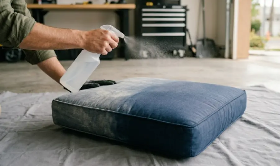 Applying fabric dye restorer spray evenly to a faded outdoor cushion in a garage on a covered surface