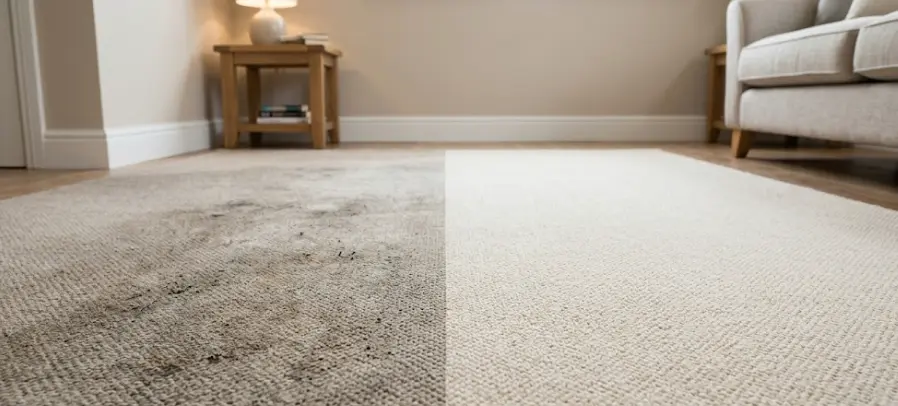 Carpet before and after professional cleaning — heavily soiled carpet on left, fully restored clean carpet on right