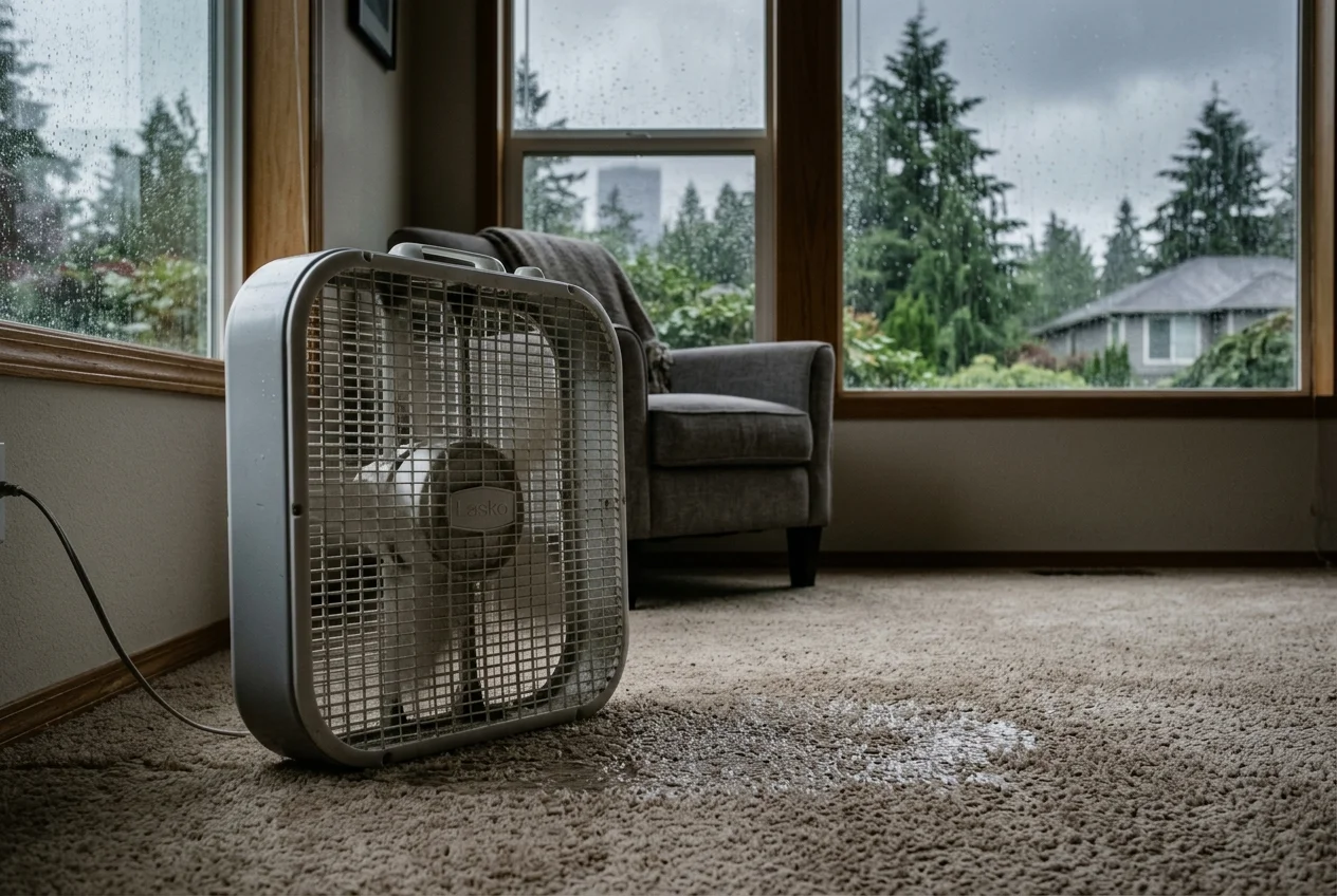 Box fan placed at floor level to speed up carpet drying in a Seattle home after professional cleaning — rainy day visible through window