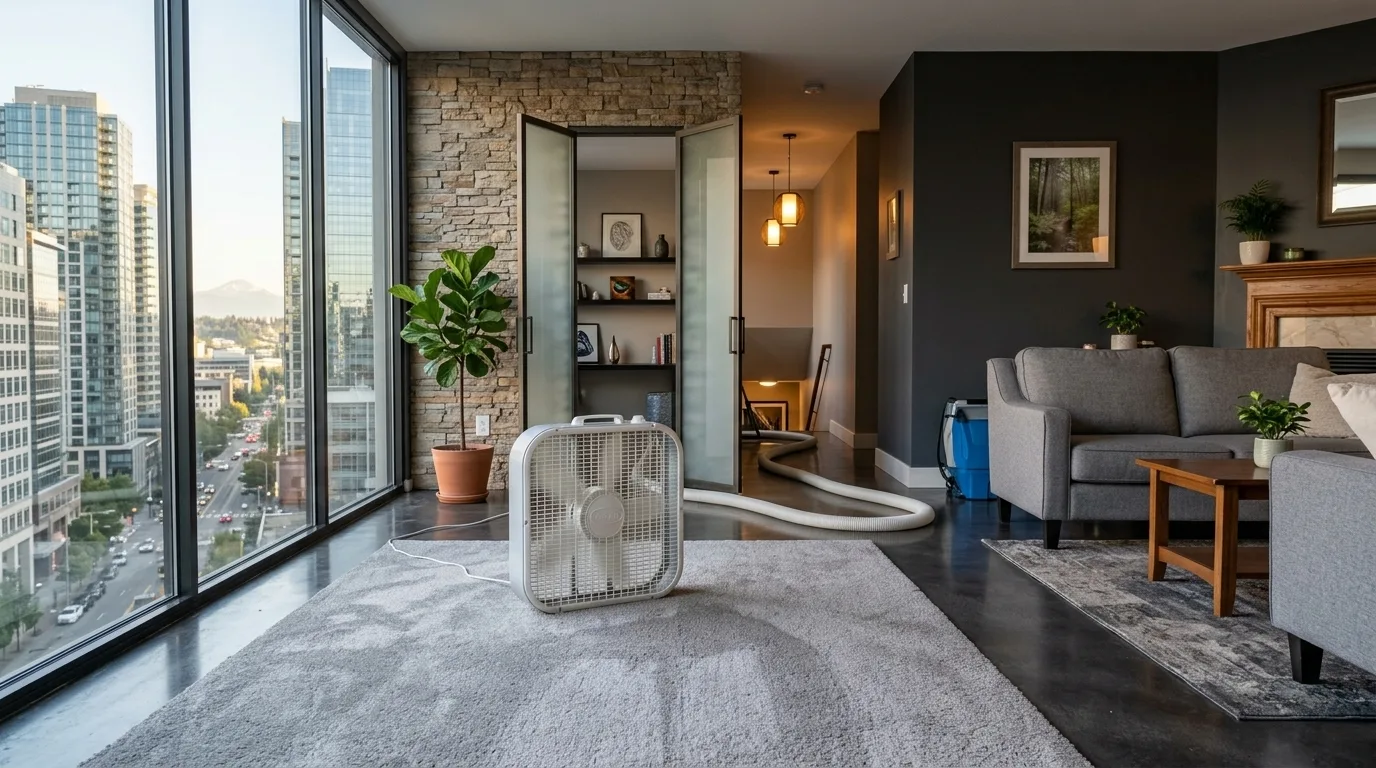 Box fan placed on freshly cleaned carpet to speed drying and eliminate post-cleaning odor in Seattle home