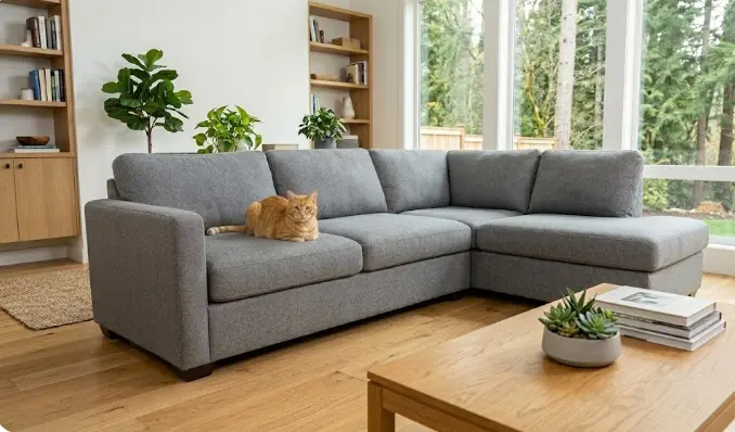 Clean, odor-free sofa after professional cat urine removal — fully restored couch in a fresh Washington home