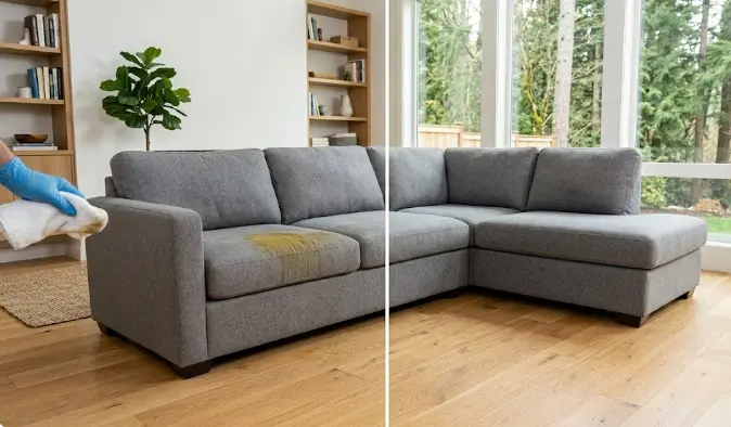 Sofa before and after professional cat urine cleaning — stain and odor completely removed from couch upholstery