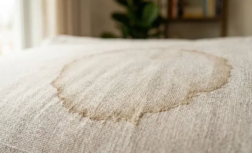 Close-up of sofa cushion fabric showing water damage tide marks from cheap cleaning with underpowered equipment