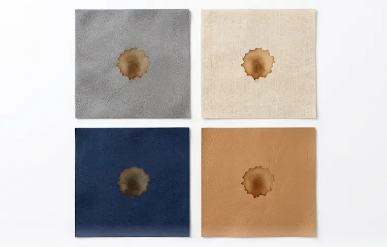 Different sofa fabric types showing coffee stain treatment methods — microfiber, cotton, polyester, leather