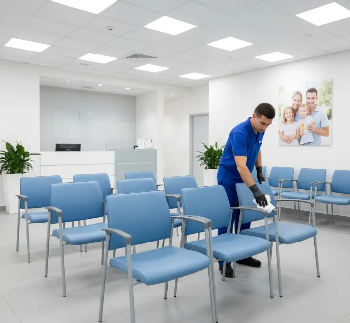 Clean sanitized clinic waiting room with professionally cleaned upholstered chairs
