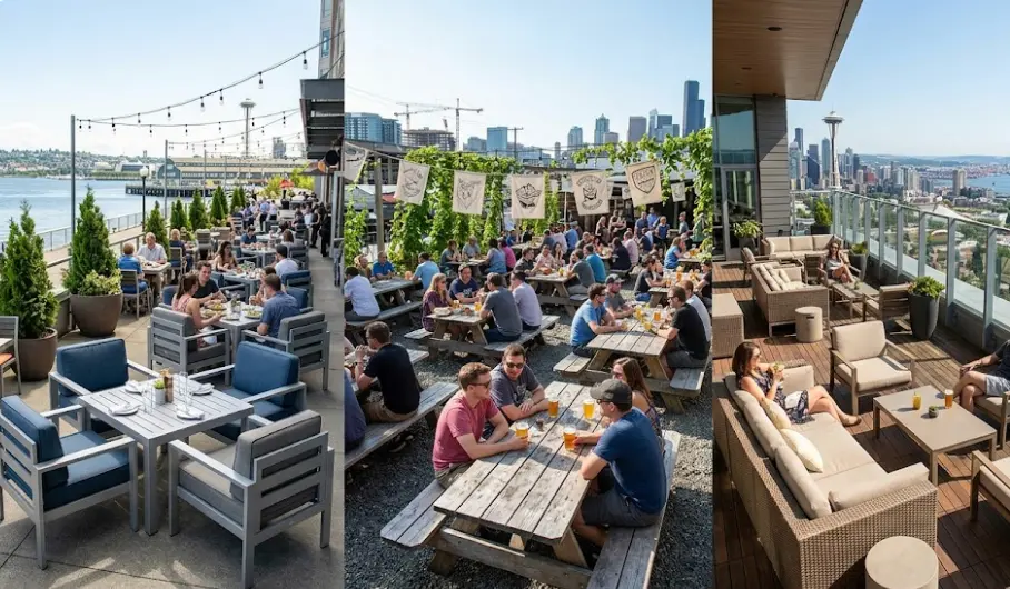 Commercial outdoor seating types in Seattle — restaurant patio furniture, hotel terrace, brewery taproom outdoor area requiring professional cleaning