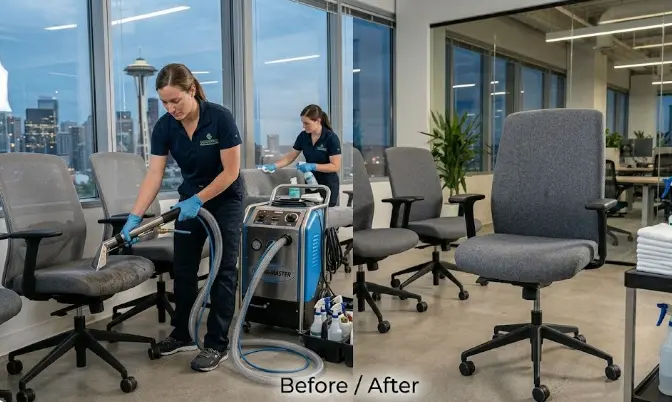 Commercial upholstery cleaning Seattle team working in a modern office environment