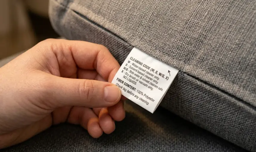 Upholstery cleaning code tag under sofa cushion showing W S WS X codes for fabric cleaning safety