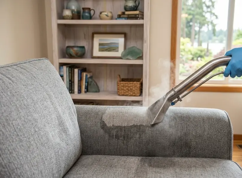 Sofa being professionally cleaned in a Federal Way, WA home