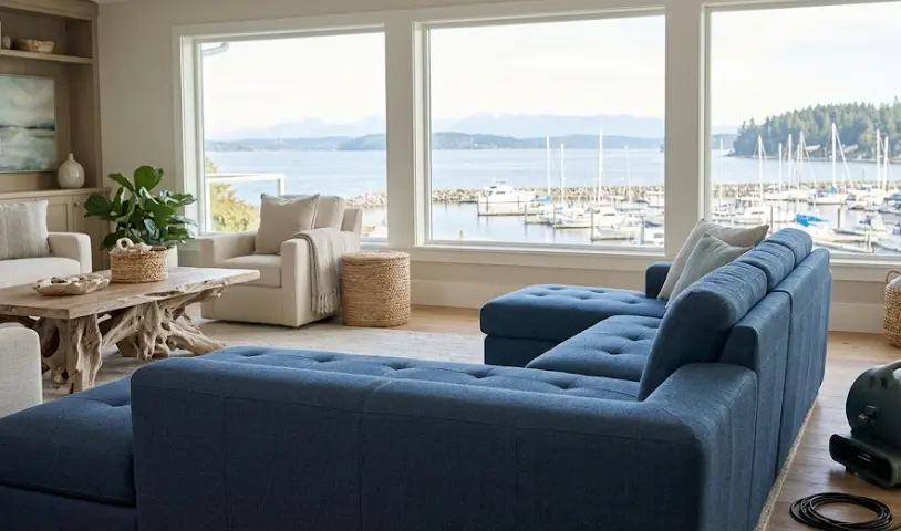 Sofa cleaned professionally in a Gig Harbor, WA waterfront home living room