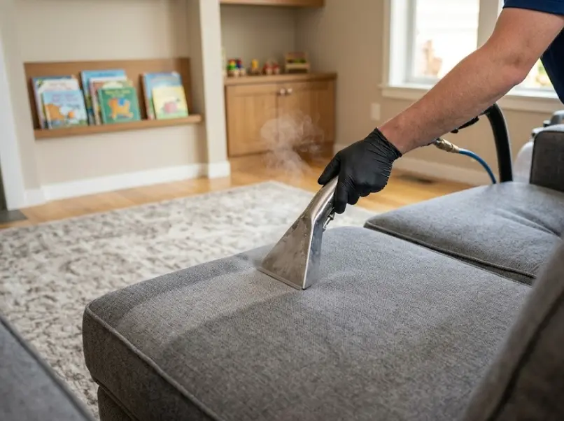 Sofa being professionally cleaned in a Kent, WA living room