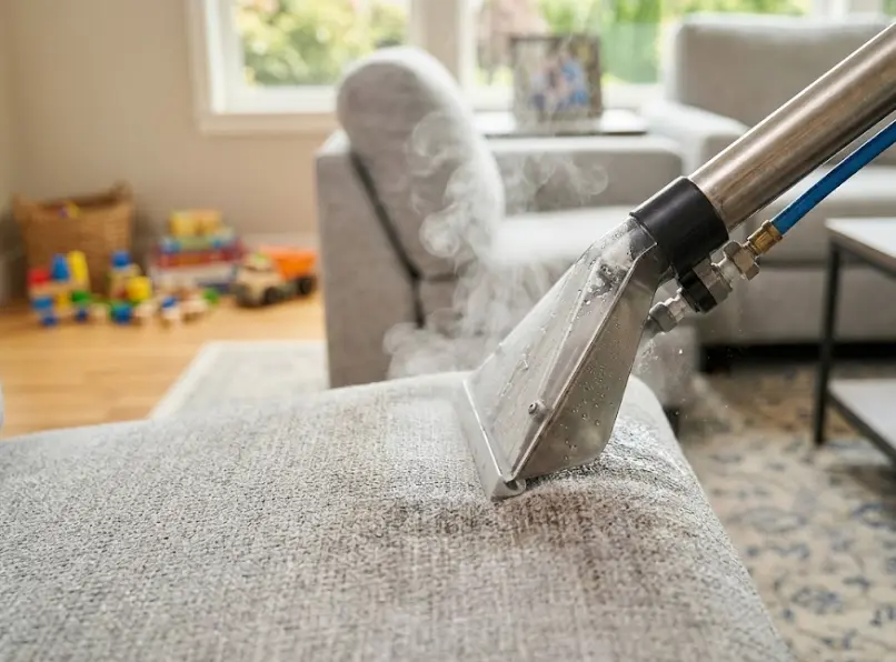 Sofa being professionally cleaned in a Puyallup family home
