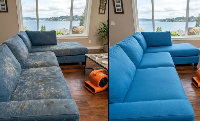 Sofa being professionally cleaned in a Renton, WA home