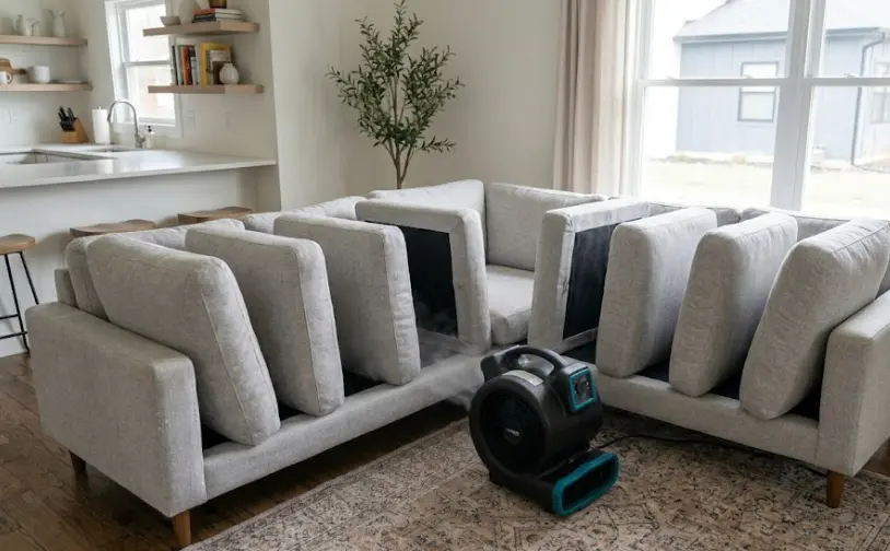 Correct air mover fan positioning in front of sofa cushions to speed up drying after professional upholstery cleaning