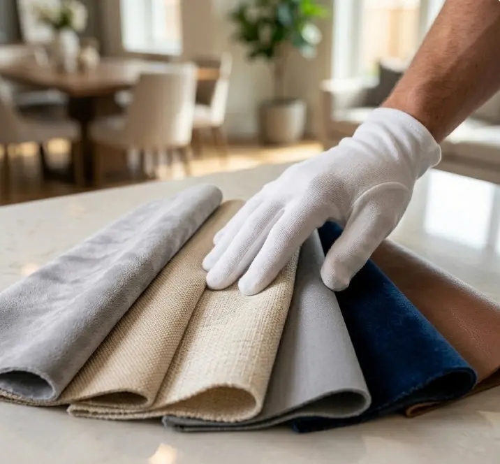 Different dining chair fabric types including microfiber cotton linen velvet and leather