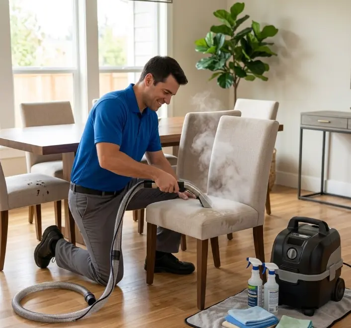 Five-step professional dining chair cleaning process from inspection to protection