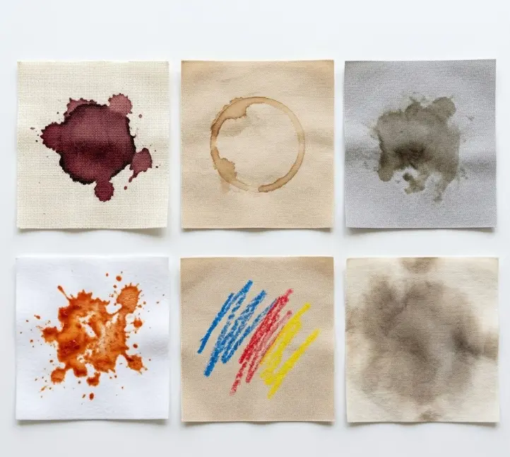 Common dining chair stains including wine, coffee, grease, and food sauce