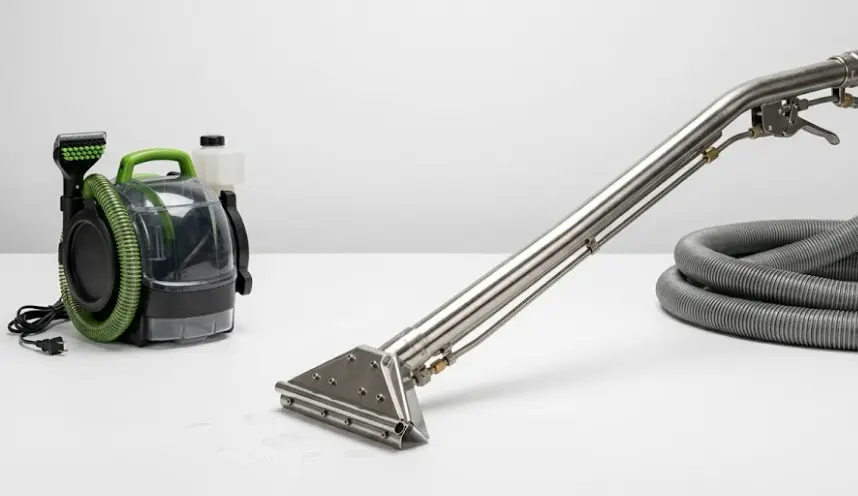 Professional truck-mounted upholstery cleaning unit versus consumer Bissell Little Green portable machine — equipment comparison