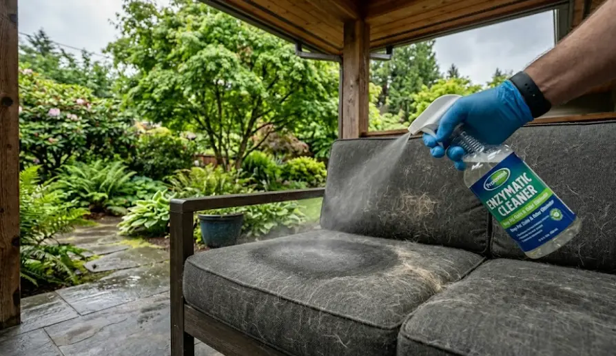 Applying enzymatic cleaner to dog-odored outdoor sofa cushion — correct treatment for pet odor removal on patio furniture
