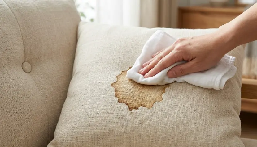 Treating a dried coffee stain on sofa fabric — re-wetting and loosening old coffee stain for removal