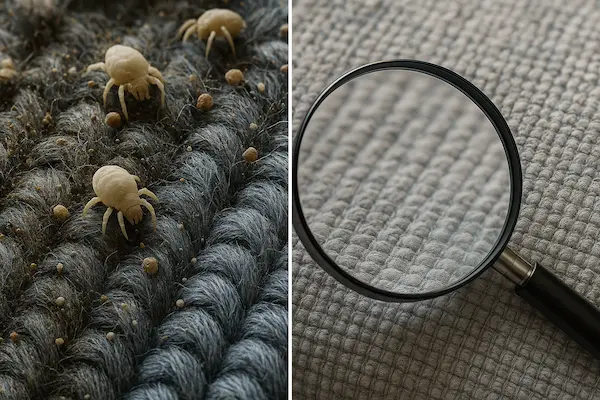 Microscopic view showing dust mites and allergens in dirty couch