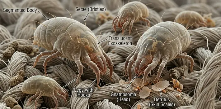 Dust mites in couch upholstery — microscopic view showing allergen buildup deep in sofa fabric fibers