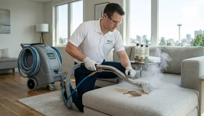 Emergency upholstery cleaning in Seattle — technician treating a stained fabric sofa on a same-day urgent appointment