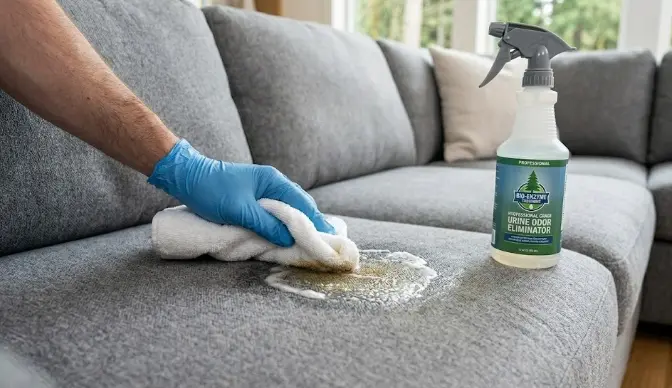 Professional technician applying enzyme treatment to cat urine sofa — professional cat urine cleaning process