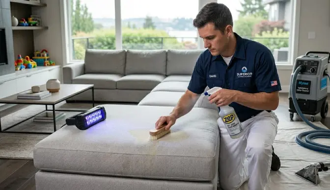 Professional technician applying enzyme pre-treatment to pet urine contaminated sofa cushion — pet odor upholstery cleaning process