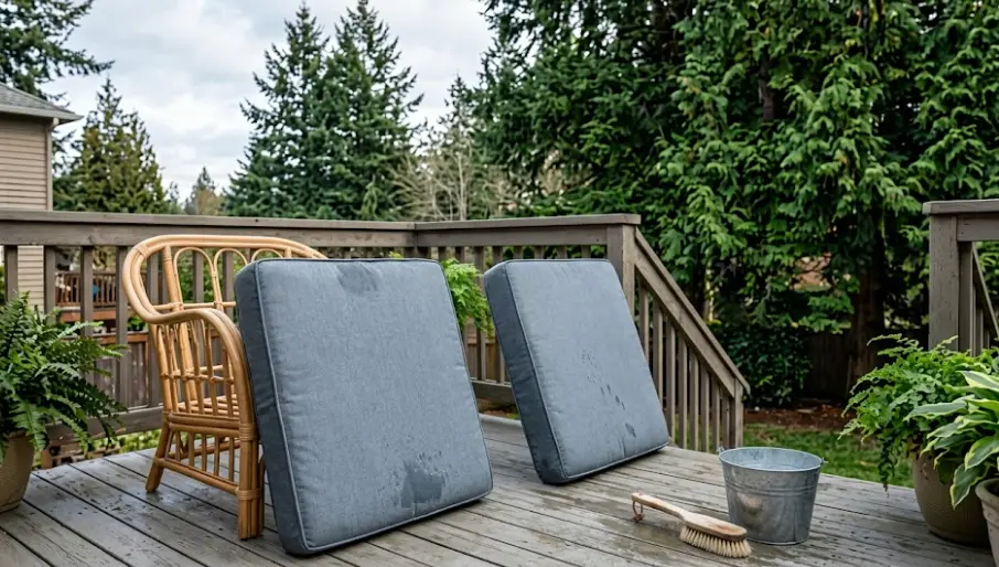 Outdoor fabric patio cushions standing on edge to dry after cleaning on a Seattle deck in summer