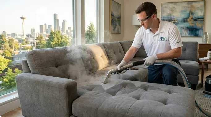 Professional fabric upholstery cleaning — hot water extraction on a grey fabric sectional sofa in Seattle home