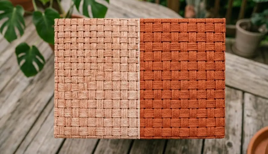 Side by side comparison of a faded outdoor cushion section and a color-restored section of the same fabric