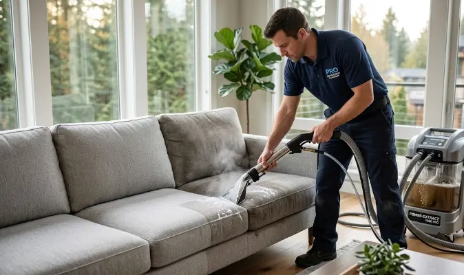 Professional hot water extraction machine cleaning a sofa — upholstery wand injecting and extracting cleaning solution