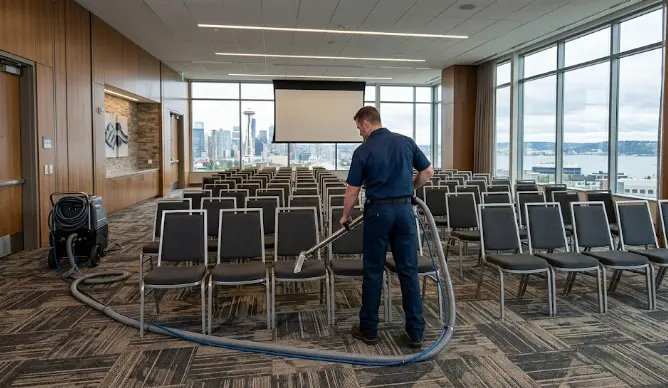 Hotel conference room chairs being professionally cleaned before a corporate event in Seattle