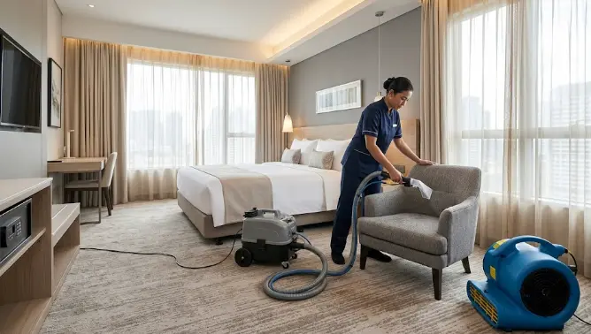 Hotel guest room chair being professionally cleaned between guest checkouts in Seattle