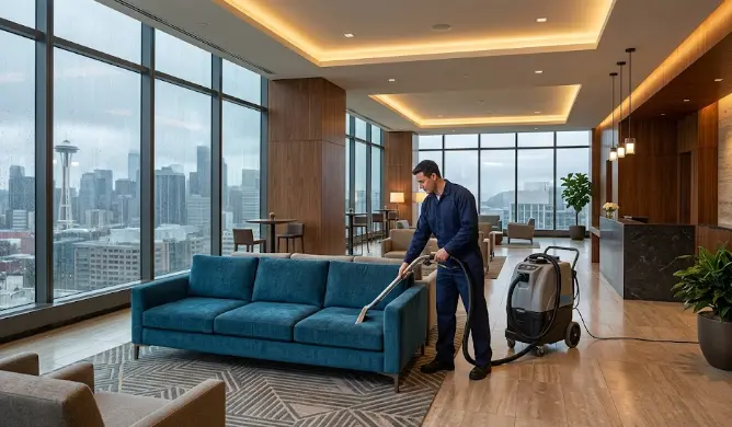 Professional upholstery cleaning in a Seattle hotel lobby restoring sofa appearance