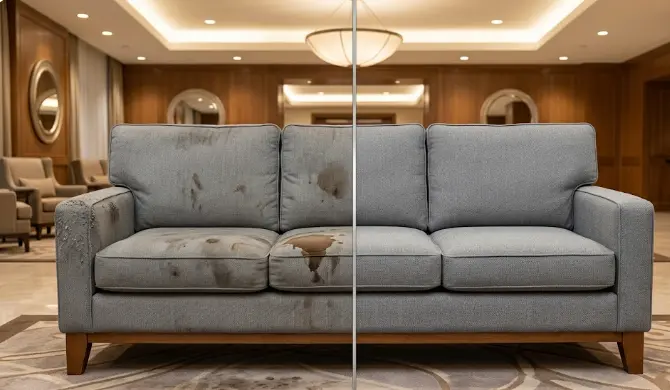 Before and after comparison of hotel lobby sofa upholstery cleaning results in Seattle