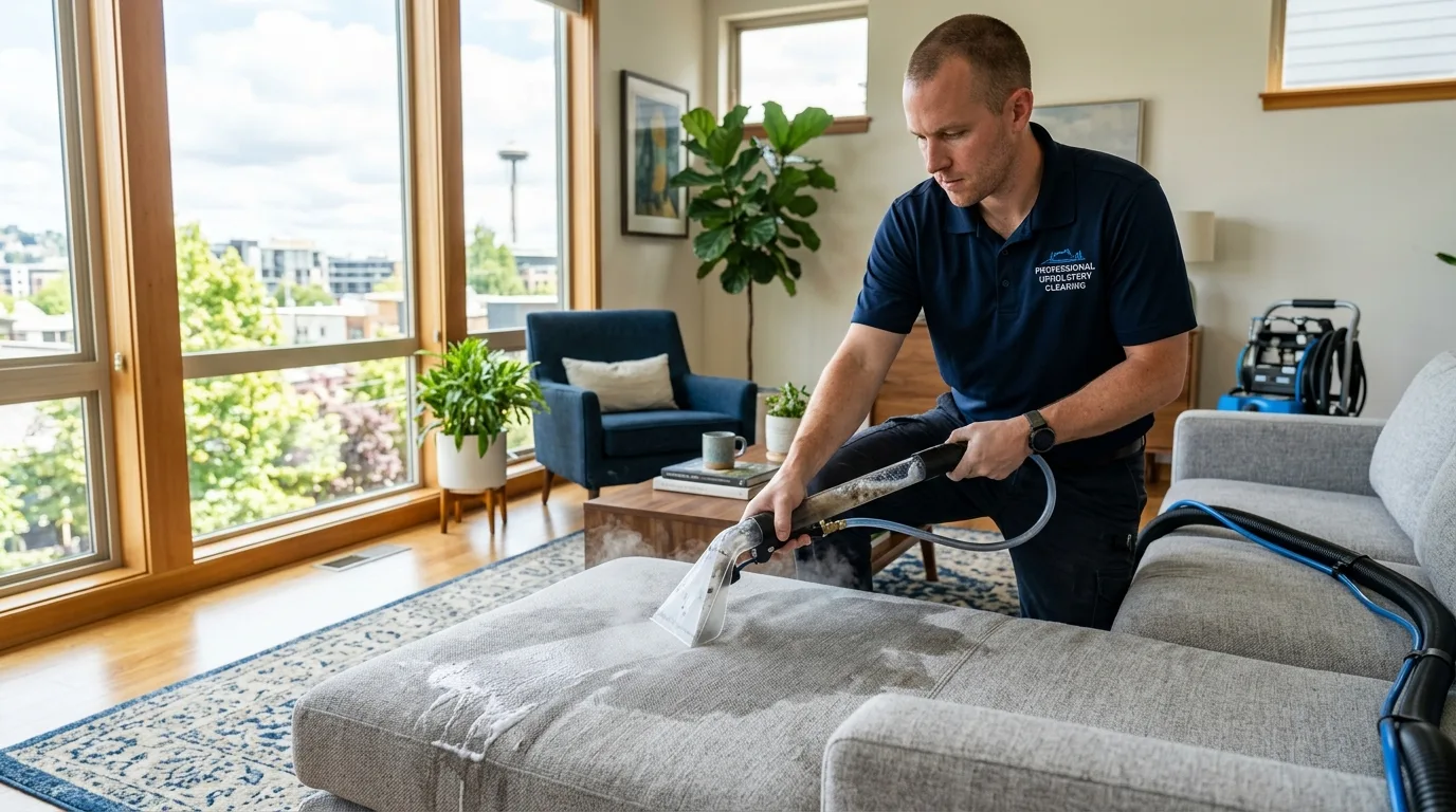 Fan placed in front of a cleaned fabric sofa to speed up drying time — Seattle upholstery cleaning aftercare