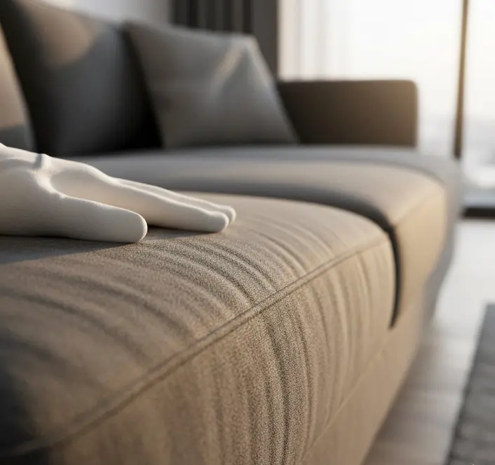 Professional technician cleaning a microfiber couch with proper technique and tools