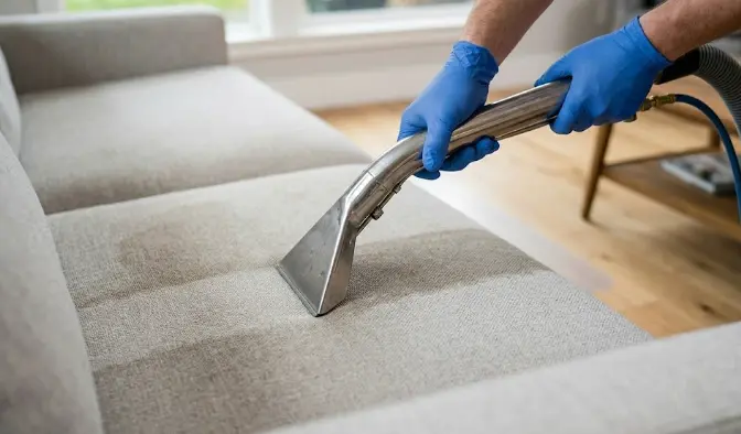 In-home couch cleaning process — professional upholstery technician using hot water extraction equipment on a sofa