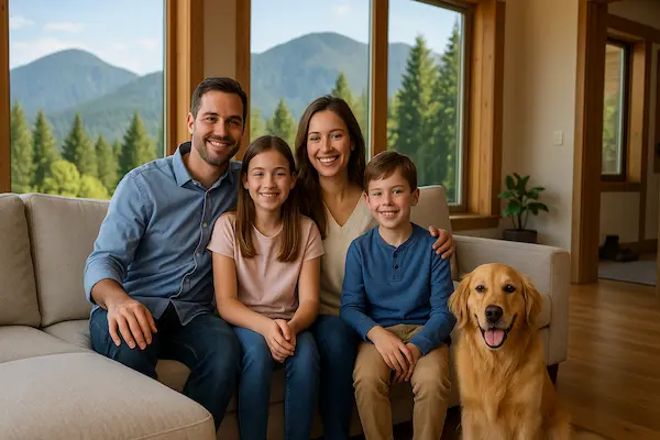 Happy Issaquah family with freshly cleaned couch