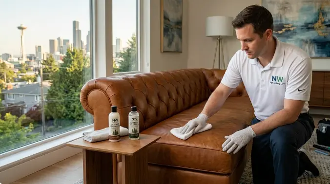 Professional leather sofa cleaning in Seattle — technician applying pH-neutral cleaner to a brown leather couch