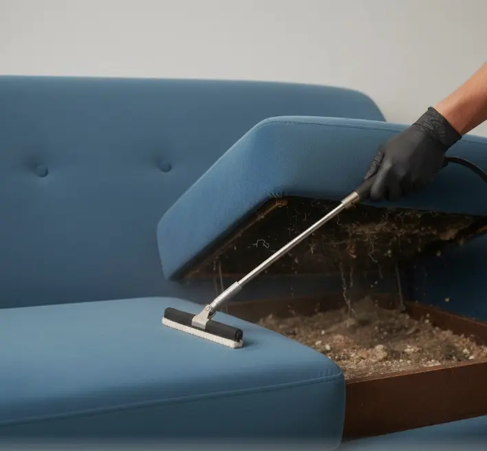 Step-by-step loveseat cleaning process showing inspection, vacuuming, pre-treatment, extraction, and protection