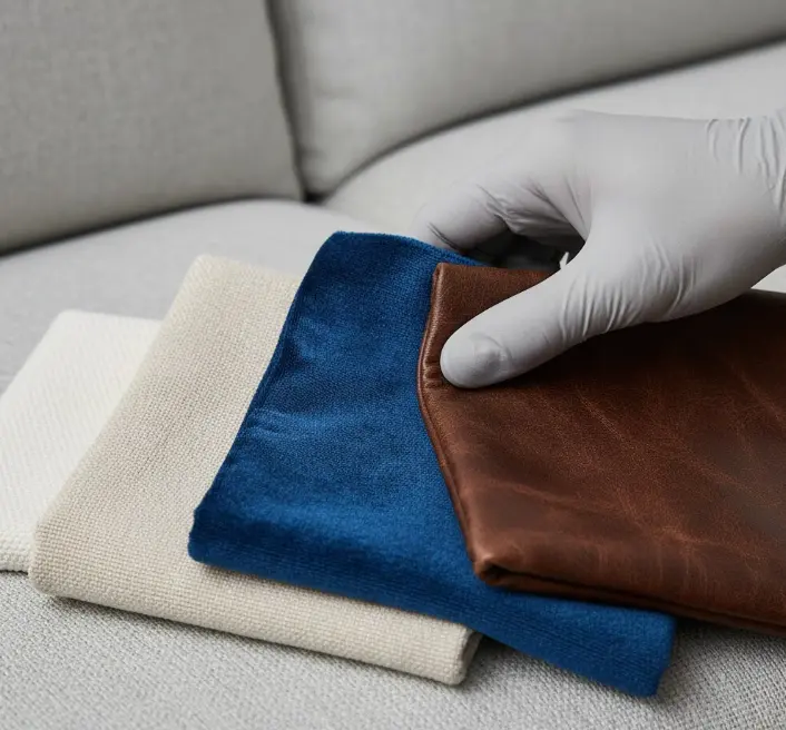 Various loveseat fabric types including microfiber, cotton, linen, velvet, and leather