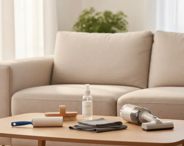 Homeowner maintaining upholstered sofa with proper cleaning techniques between professional cleanings