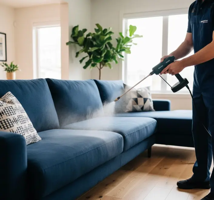 Professional fabric protector being applied to upholstered sofa for stain resistance