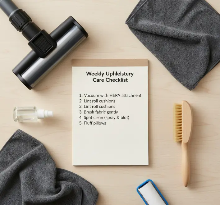 Weekly upholstery maintenance routine checklist with cleaning supplies arranged on a coffee table